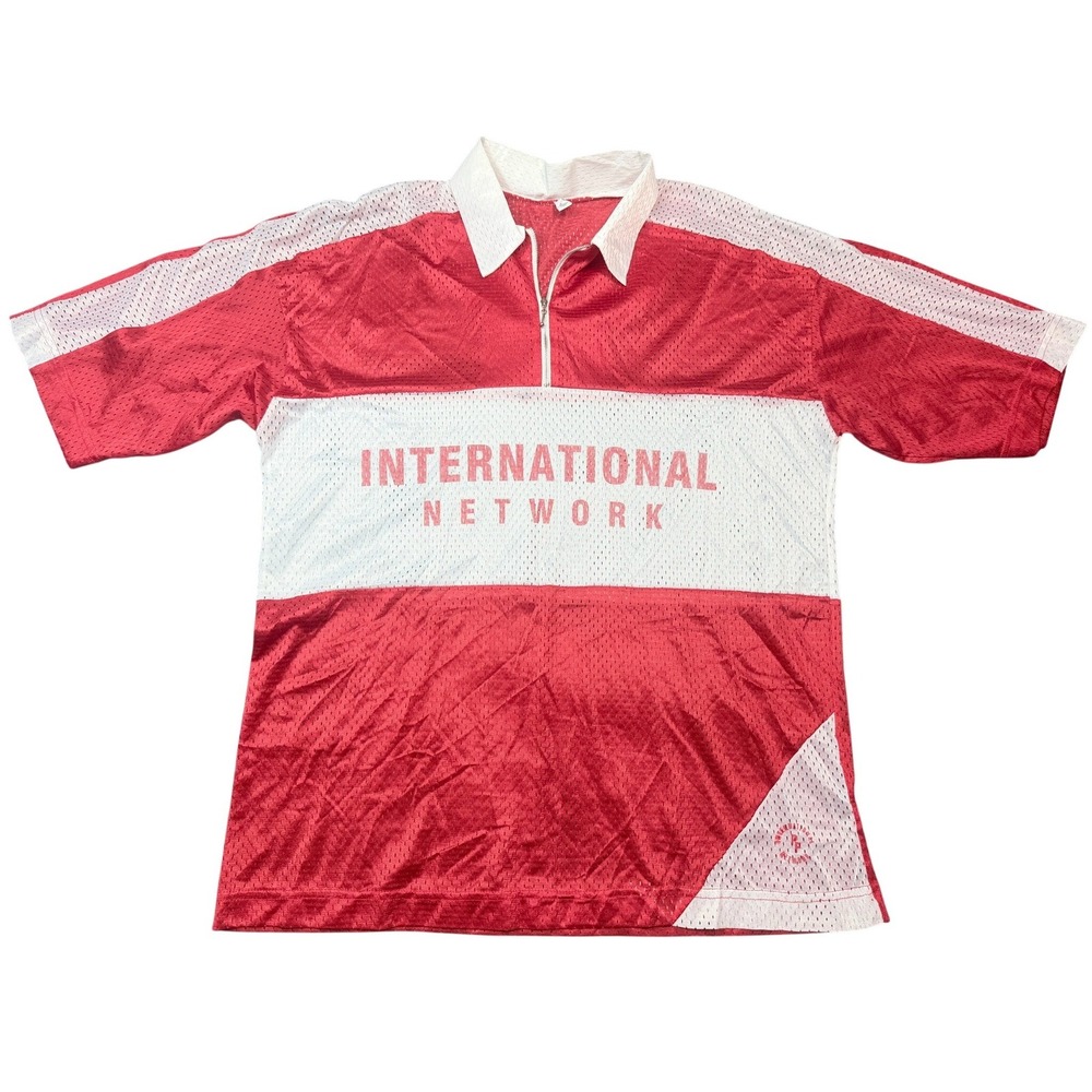VTG International Network Red‎ White Mesh Rugby Shirt Polo Zipper XL